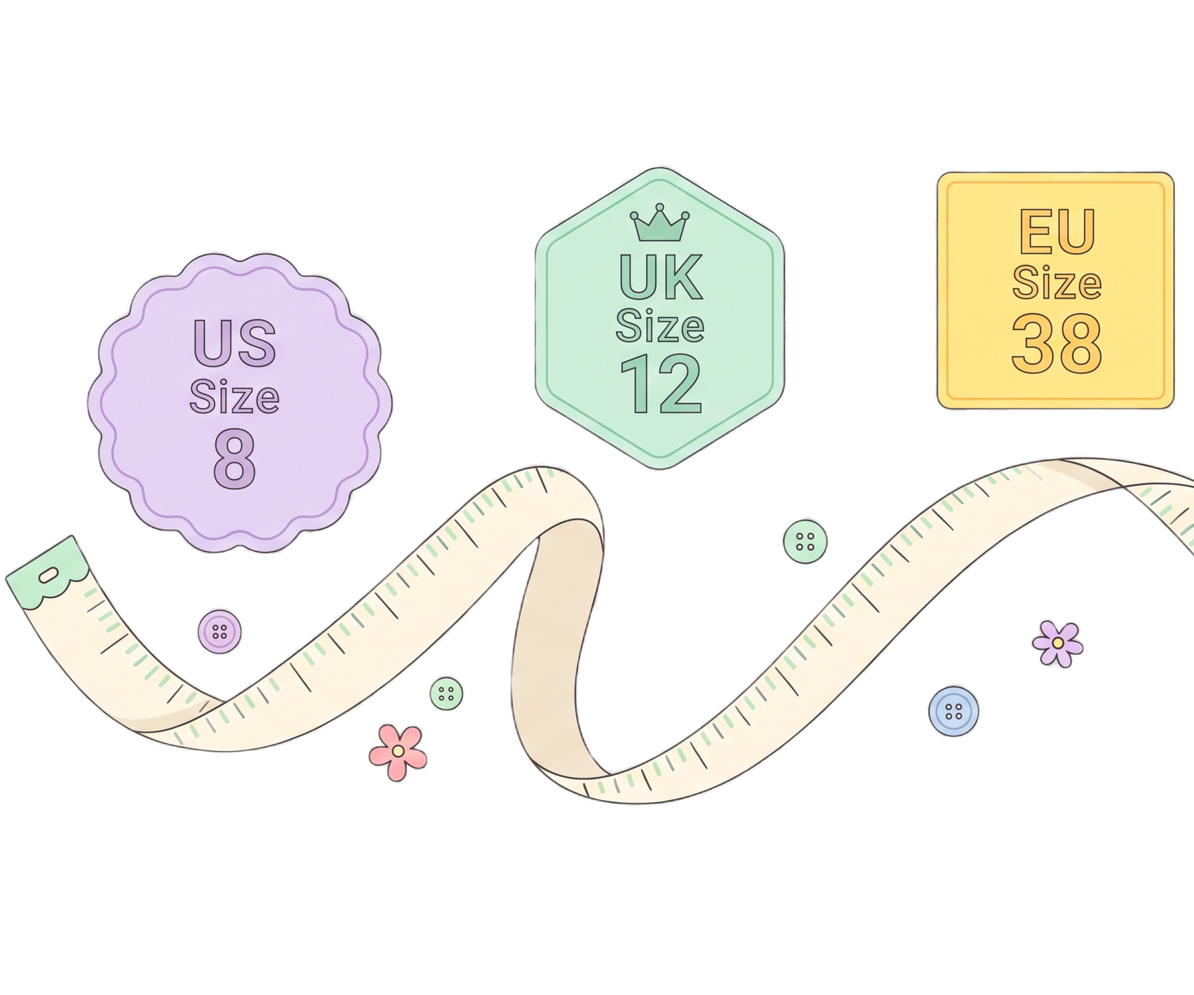 Measuring tape with floating size tags — flat pastel