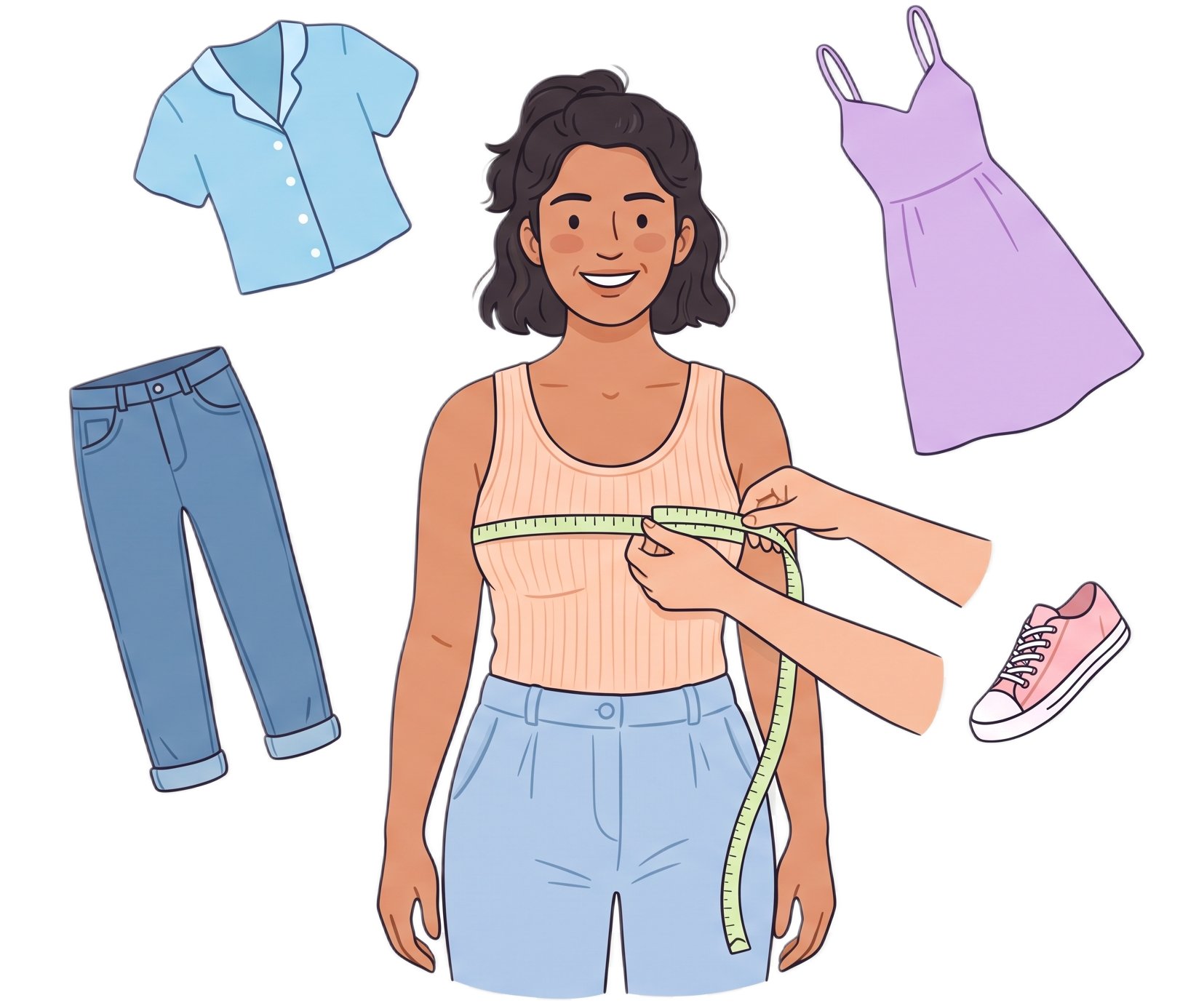 Flat pastel illustration — person being measured with soft tape and floating garments